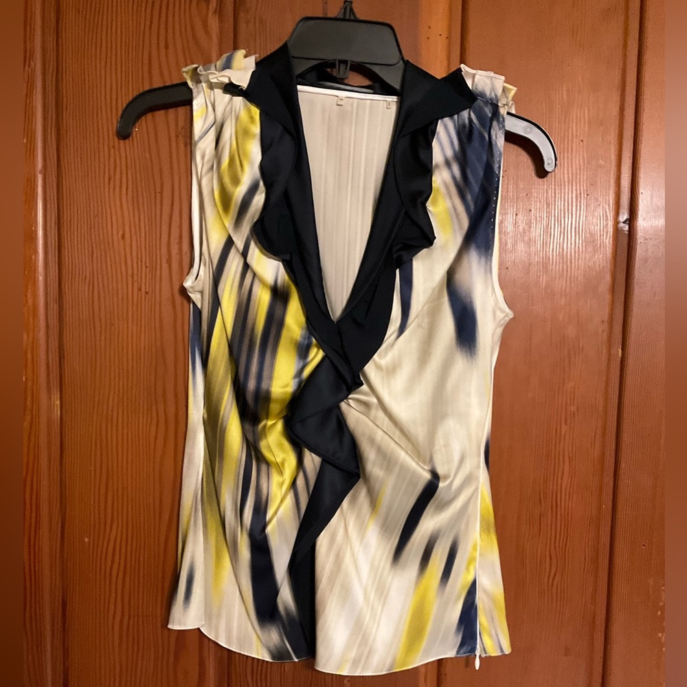 Elie Tahari Silk Navy Ruffled V Neck Blouse Size XS #2322